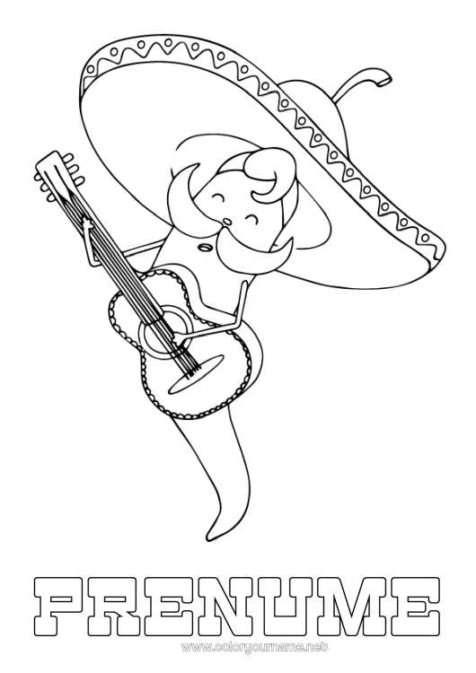 Pagină de colorat de imprimat Muzică Pălărie Mexic Cinco de Mayo Sărbătoarea muzicii Chitară Instrumente muzicale Sombrero