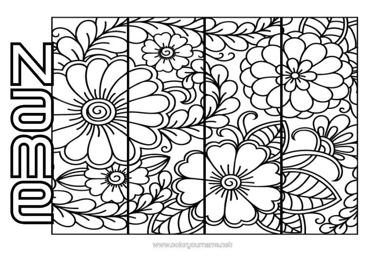 Colouring page to print Flowers Bookmark Anti-Stress
