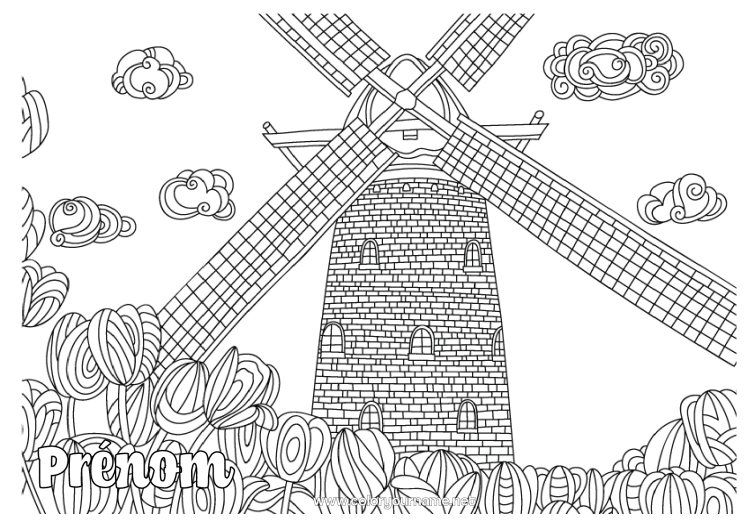 Coloriage à imprimer Tulipe Coloriages complexes Moulin Pays Bas