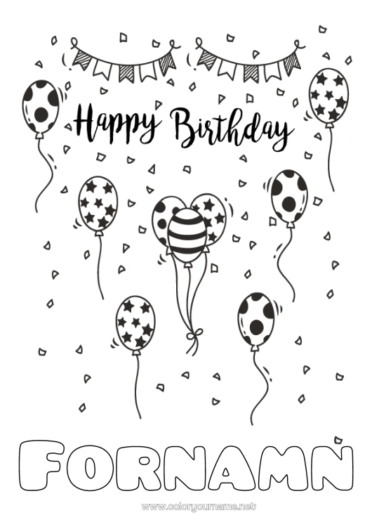 Färgläggningssida att skriva ut Födelsedag Ballonger Mellannivå färgläggningar Grattis på födelsedagen!