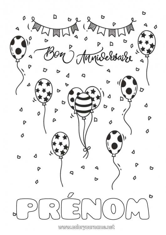 Coloriage à imprimer Anniversaire Ballons Coloriages intermédiaires Joyeux anniversaire (français) Message