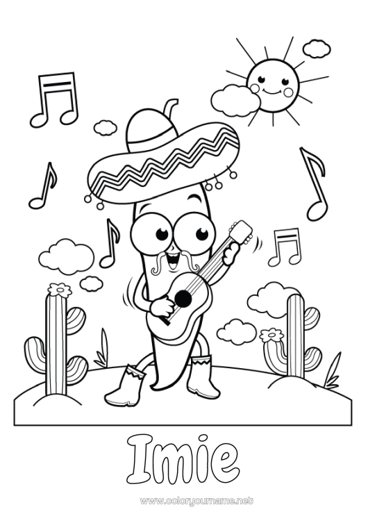 Kolorowanka do wydruku Muzyka Kaktus Meksyk Piątego Maja Święto Muzyki Gitara Instrumenty muzyczne Muzyk Zawody artystyczne Sombrero