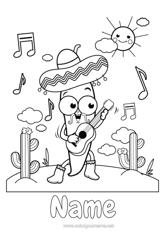 Colouring page to print Music Cactus Mexico Fifth Of May Music Day Guitar Musical Instruments Musician Crafts. Sombrero Chilli