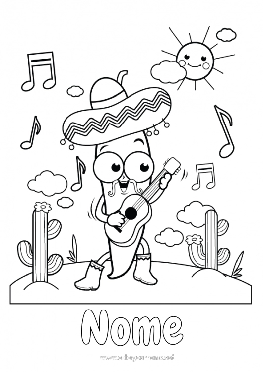 Página de desenho para imprimir Música Cacto México Cinco de Mayo Festa da Música Guitarra Instrumentos musicais Músico Profissões Artísticas Sombrero