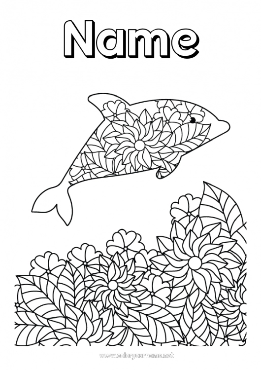 Coloring page to print Flowers Mandala Dolphin Intermediate coloring pages Marine or aquatic animals