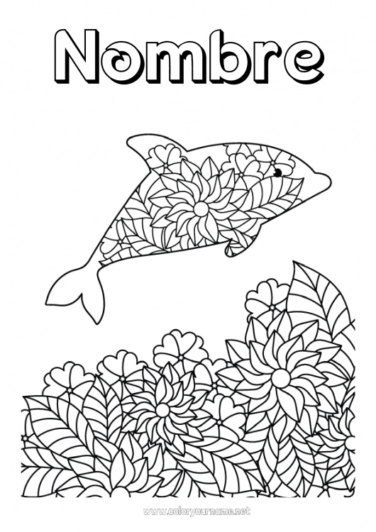 Dibujo para colorear para imprimir Flores Mandala Delfín Dibujos intermedios para colorear Animales marinos o acuáticos