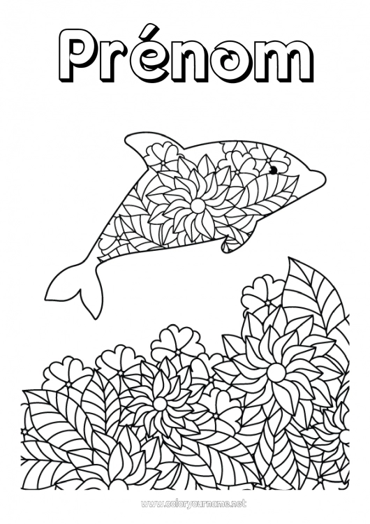 Coloriage à imprimer Fleurs Mandala Dauphin Coloriages intermédiaires Animaux marins ou aquatique