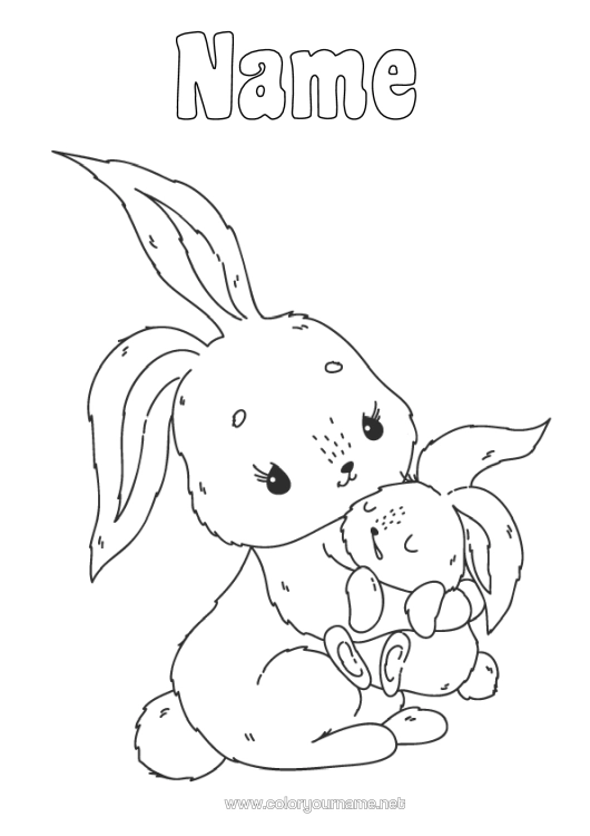 Colouring page to print Cute Mum Happy Birthday I Love You. Rabbit Animal Forest Animals
