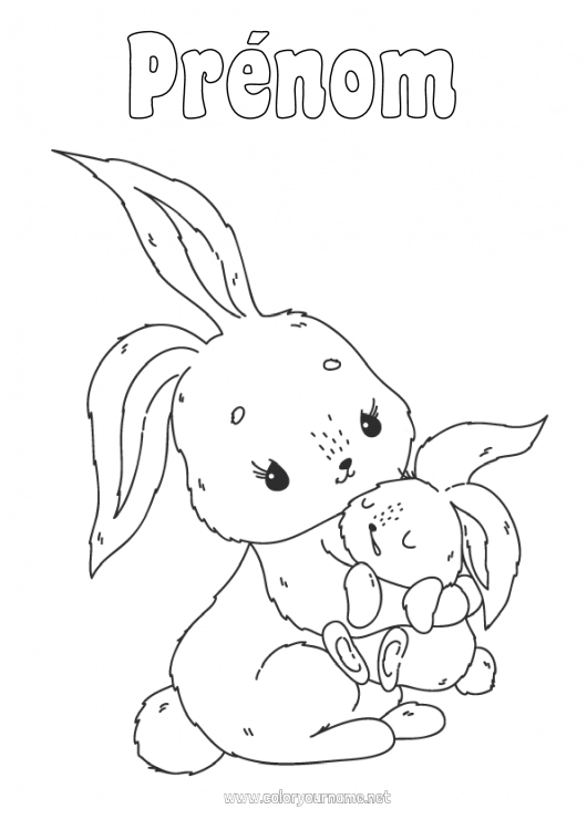 Coloriage à imprimer Mignon Maman Bonne fête Je t'aime Lapin Animal Animaux de la forêt