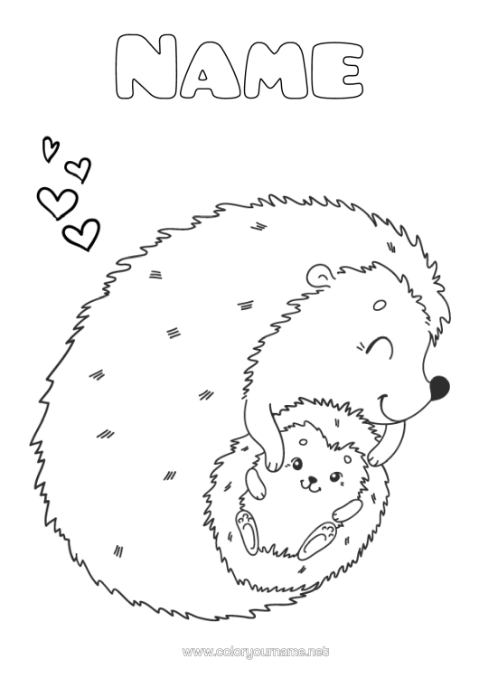 Colouring page to print Cute Hedgehog Mum Happy Birthday I Love You. Animal Forest Animals Cub