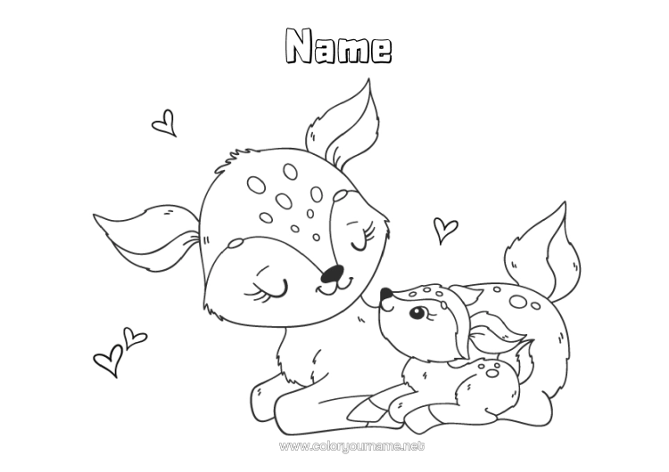 Colouring page to print Cute Mum Happy Birthday I Love You. Animal Doe Forest Animals Cub