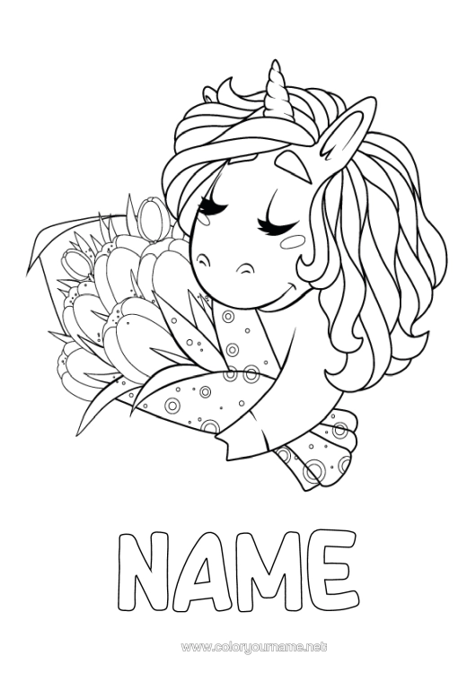 Colouring page to print Flowers Happy Birthday Unicorn Animal Dragons, Unicorns, And Fantastical Creatures