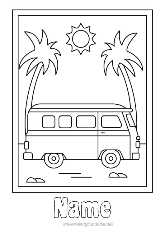 Colouring page to print Vehicles Car Palm Tree Easy Colouring Pages Van Cars, Vans And Motorhomes