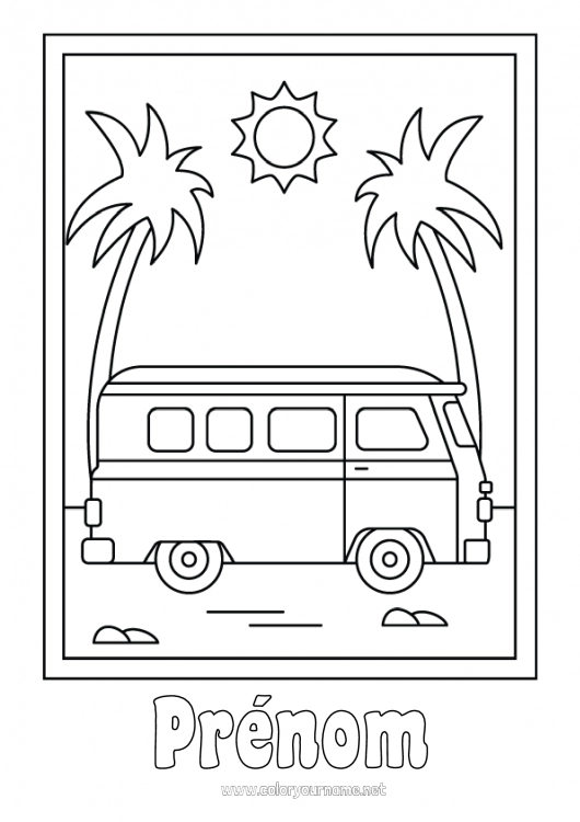 Coloriage à imprimer Véhicules Voiture Palmier Coloriages faciles Van Voitures, vans et camping-cars