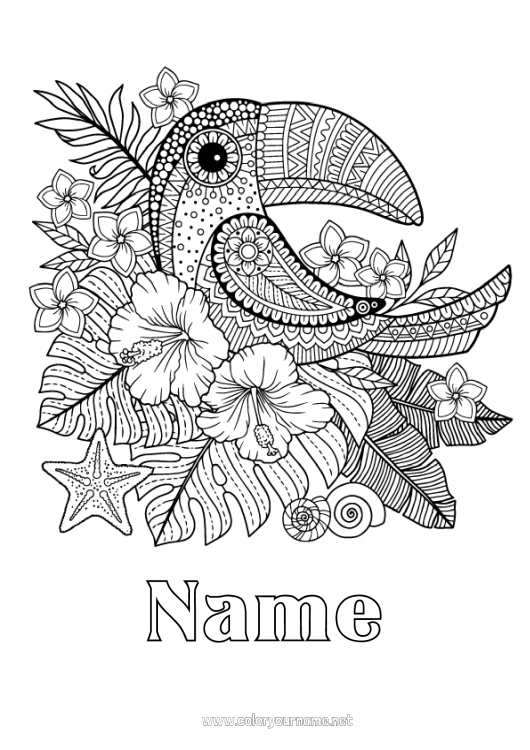 Coloring page to print Flowers Toucan Complex coloring pages Flying birds and mammals Hibiscus