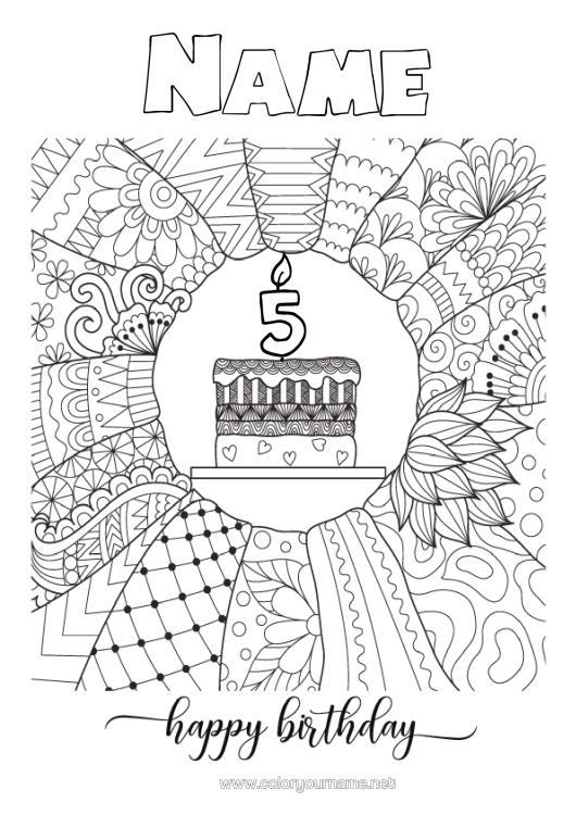 Colouring page to print Candle Cake Birthday Mandala Complex Colouring Pages Happy Birthday Message Customisable Age Celebrated