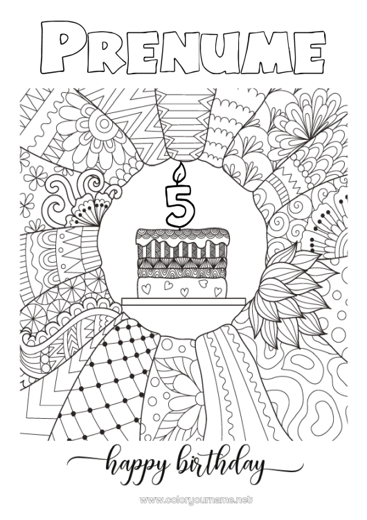 Pagină de colorat de imprimat Lumânare Tort Aniversare Mandala Desene de colorat complexe La mulți ani! Vârstă personalizabilă de sărbătorit