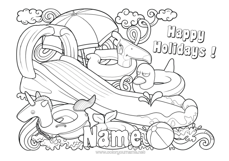 Colouring page to print Unicorn Summer Toys Dragons, Unicorns, And Fantastical Creatures Parasol Buoy Games And Toys Swimming Pool Outdoor Games Sledge