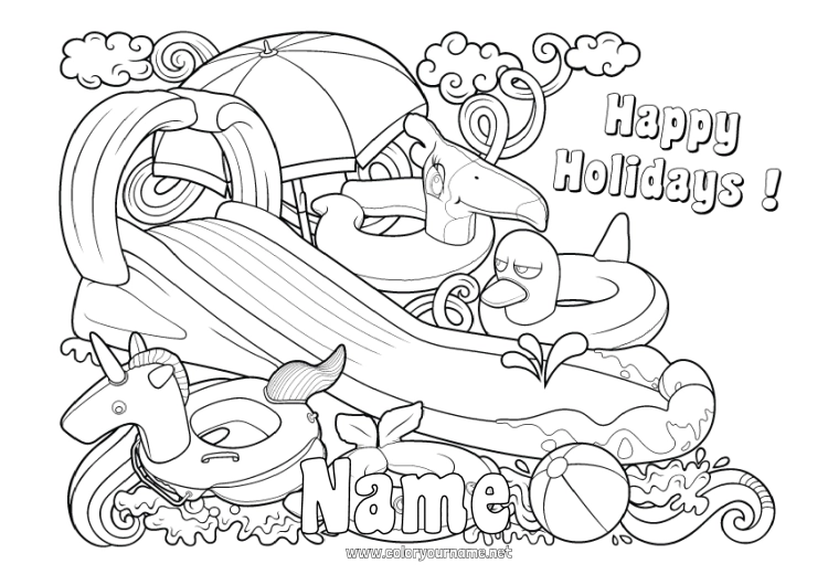 Coloring page to print Unicorn Summer Toys Dragons, unicorns and fantastic animals Parasol, Beach umbrella Buoy Games and toys