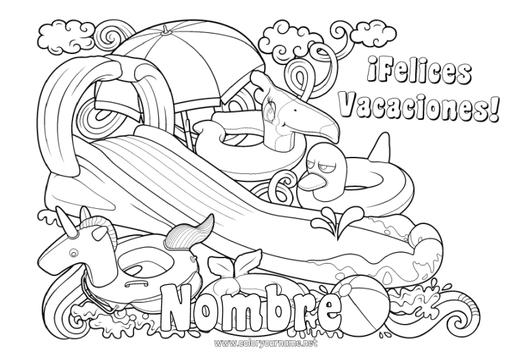 Dibujo para colorear para imprimir Unicornio Verano Juguetes Dragones, unicornios y animales fantásticos Parasol, sombrilla de playa Boya Juegos y juguetes