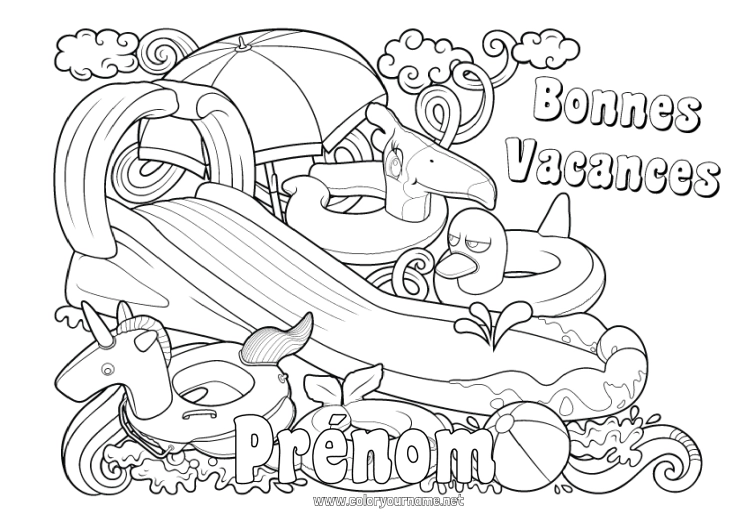 Coloriage à imprimer Licorne Été Jouets Dragons, licornes et animaux fantastiques Parasol Bouée Jeux et jouets