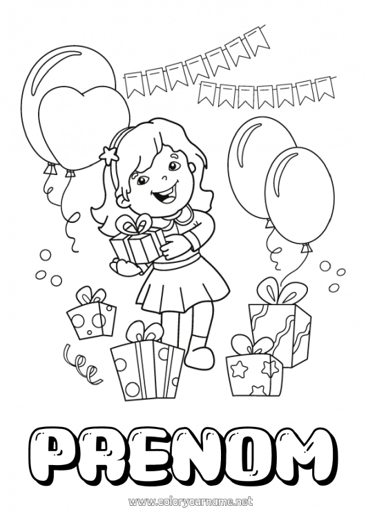 Coloriage à imprimer Cadeaux Anniversaire Ballons Fille