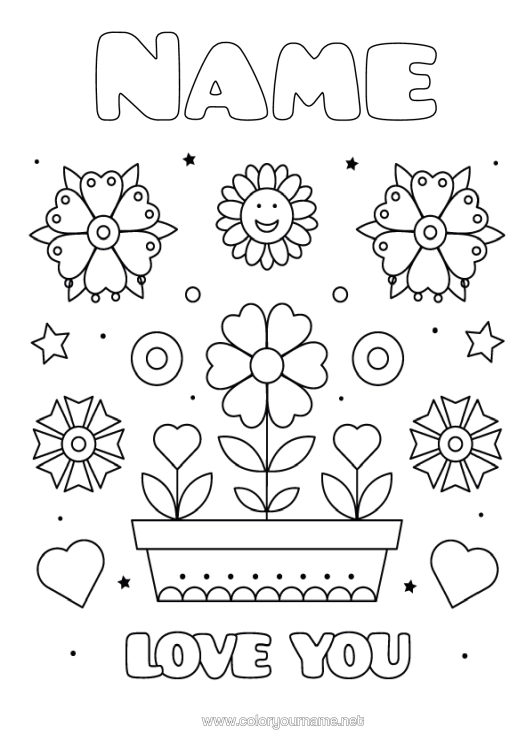 Colouring page to print Flowers Mum Grandma Happy Birthday I Love You. "Love" Message