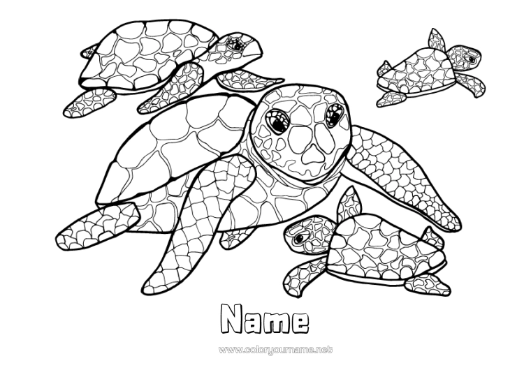 Colouring page to print Mum Tortoise Sea Animal Marine Or Aquatic Animals Reptiles Sea Turtle Animal Family Cub