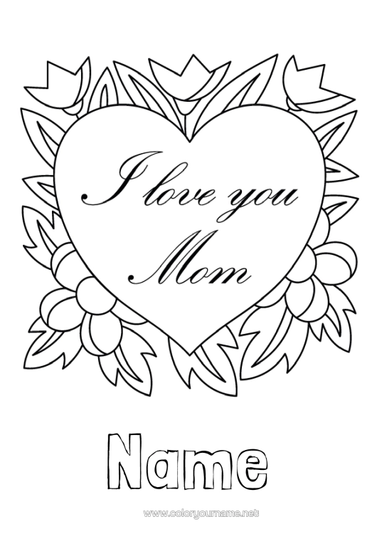 Colouring page to print Flowers Heart Mum Happy Birthday Big Heart