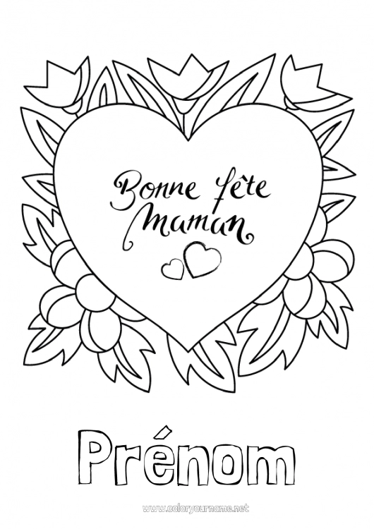 Coloriage à imprimer Fleurs Coeur Maman Bonne fête Grand coeur