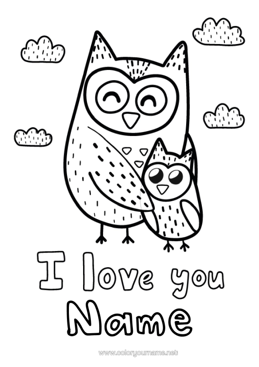 Colouring page to print Dad Mum Grandma Grandad Happy Birthday I Love You. Owl, Tawny Owl Animal Birds And Flying Mammals