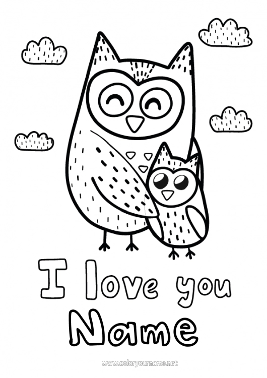 Coloring page to print Dad Mum Grandma Grandpa Happy feast day ! I love you Owl Animal Flying birds and mammals