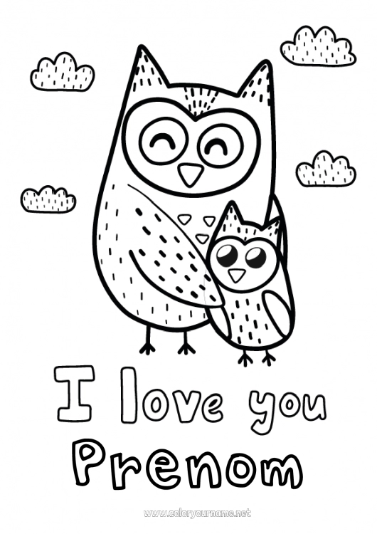 Coloriage à imprimer Papa Maman Mamie Papi Bonne fête Je t'aime Chouette, Hibou Animal Oiseaux et mammifères volants