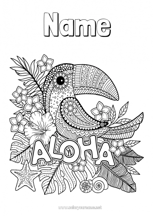 Coloring page to print Mandala Bird Toucan Antistress Flying birds and mammals Hawaii