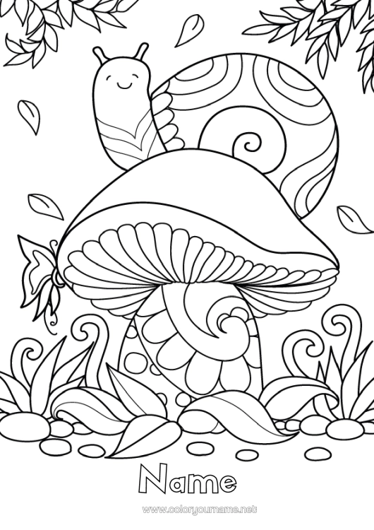 Colouring page to print Autumn Animal Mushroom Snail Zentangle