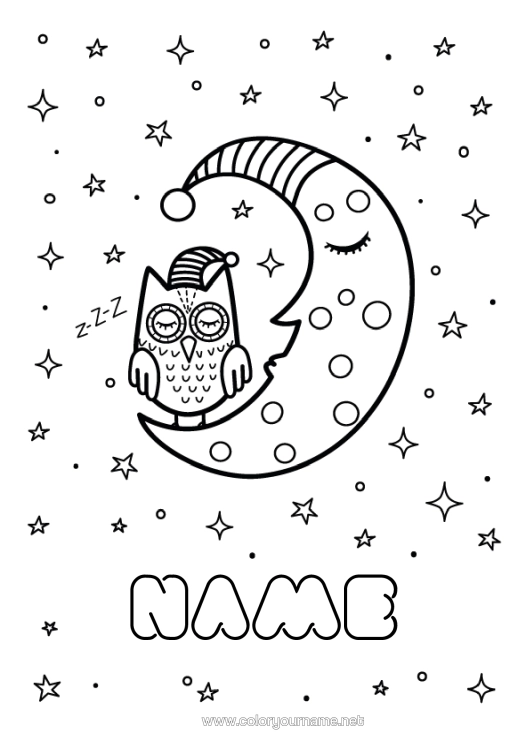 Colouring page to print Owl, Tawny Owl Animal Space Stars Moon Birds And Flying Mammals