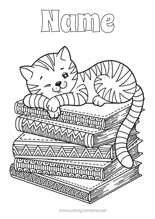 Colouring page to print Cat Animal Book Dogs And Cats Reading