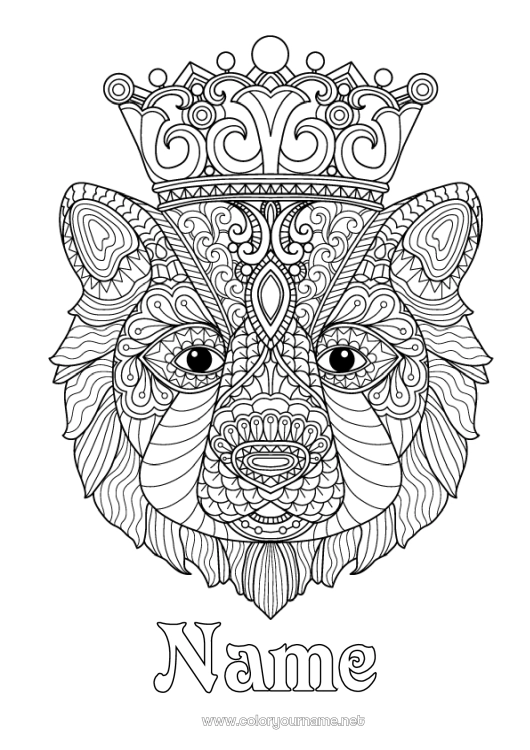 Coloring page to print Bear Mandala Crown Complex coloring pages Zentangle Forest animals King