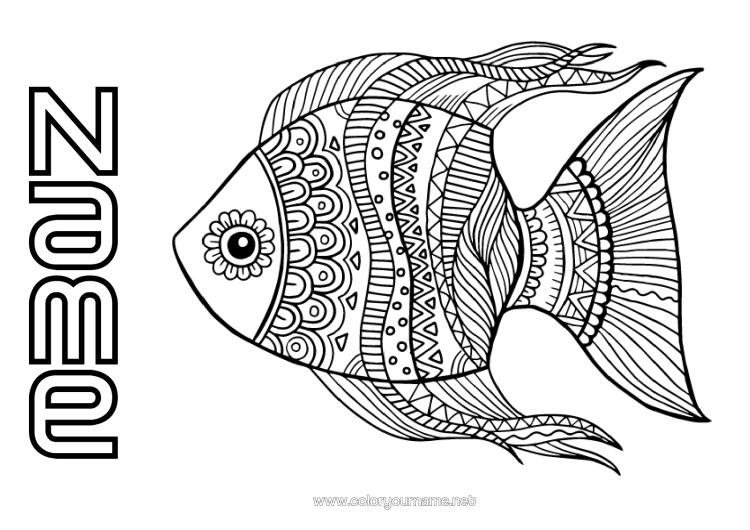 Colouring page to print Mandala Animal Fish April Fool's Day Marine Or Aquatic Animals