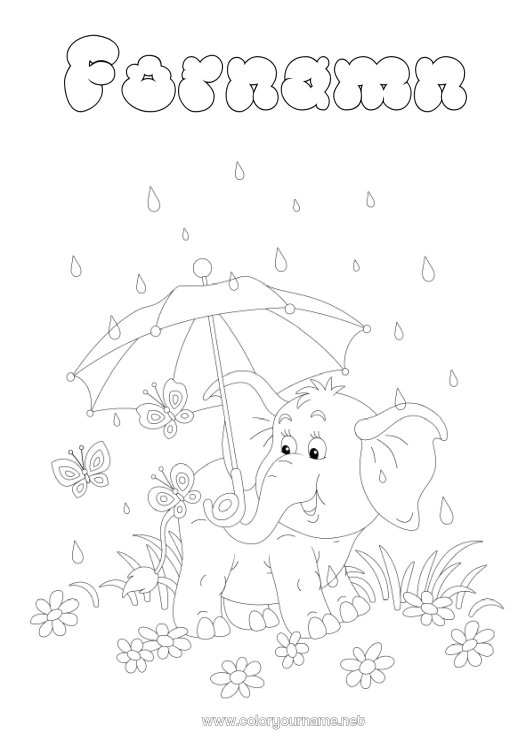 Färgläggningssida att skriva ut Elefant Sommar Fjäril Djur Paraply Insekter Regn Afrikas vilda djur