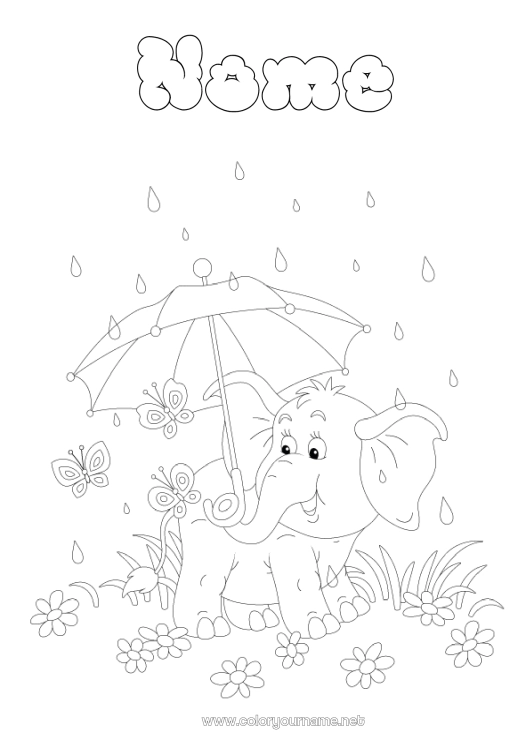 Página de desenho para imprimir Elefante Verão Borboleta Animal Guarda-chuva Insetos Chuva Animais selvagens da África