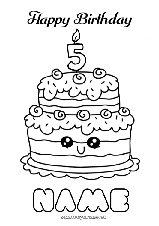 Coloring page to print Candle Cake Birthday Kawaii Easy coloring pages Happy Birthday (English) Message Customizable age