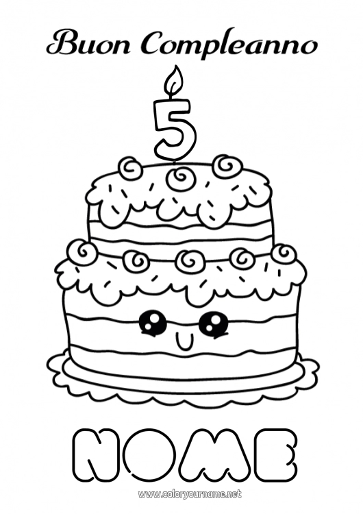 Pagina da colorare da stampare Candela Torta Compleanno Kawaii Disegni da colorare facili Buon compleanno (francese) Messaggio Età festeggiata personalizzabile