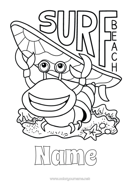 Colouring page to print Sport Summer Animal Crab Surfing Marine Or Aquatic Animals Water Sports
