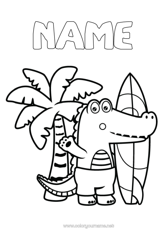 Colouring page to print Sport Crocodile Summer Beach Animal Palm Tree Intermediate Colouring Sheets Surfing Reptiles Water Sports