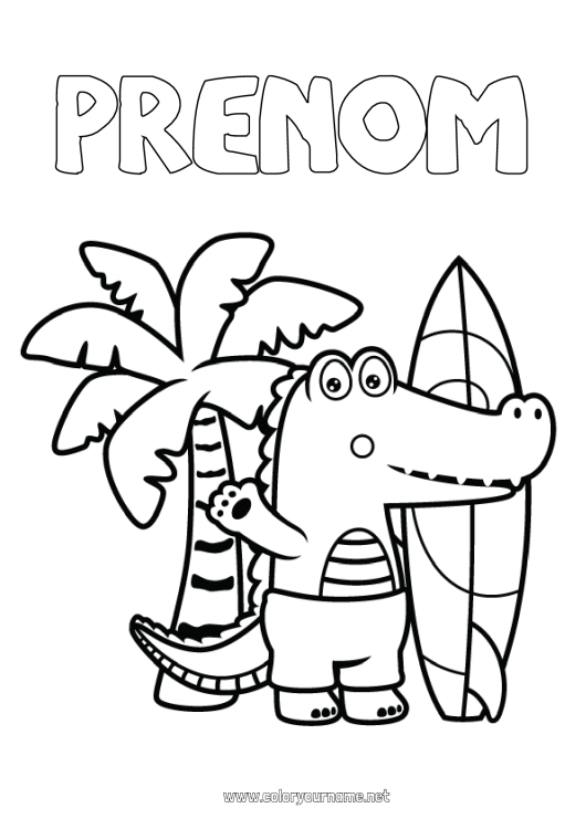 Coloriage à imprimer Sport Crocodile Été Plage Animal Palmier Coloriages intermédiaires Surf Reptiles Sports nautiques