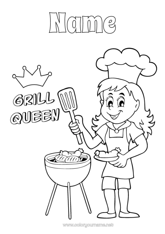 Colouring page to print Mum Grandma Girl Summer Food Champion Barbecue Queen Sausage