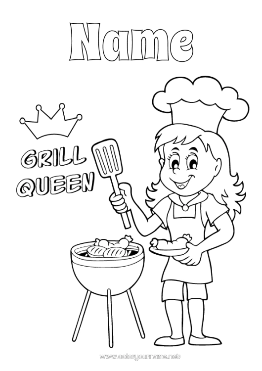 Coloring page to print Mum Grandma Girl Summer Food Champion Barbecue