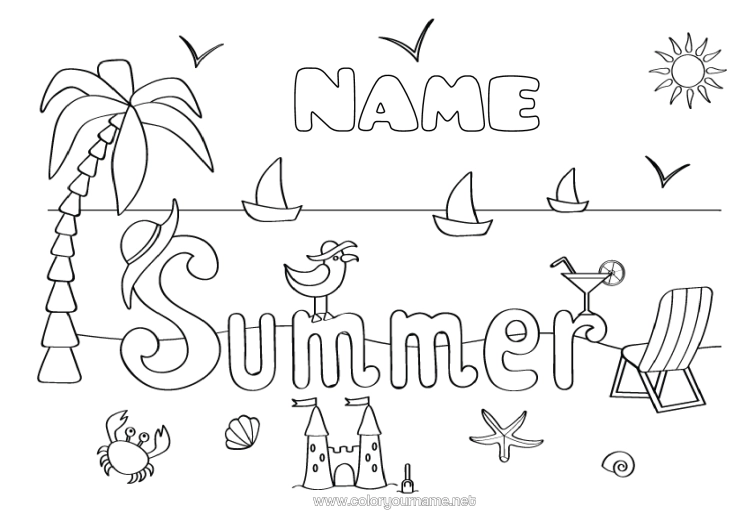 Colouring page to print Summer Beach Palm Tree Shellfish Marine Or Aquatic Animals Birds And Flying Mammals Sandcastle Cocktail Seagull