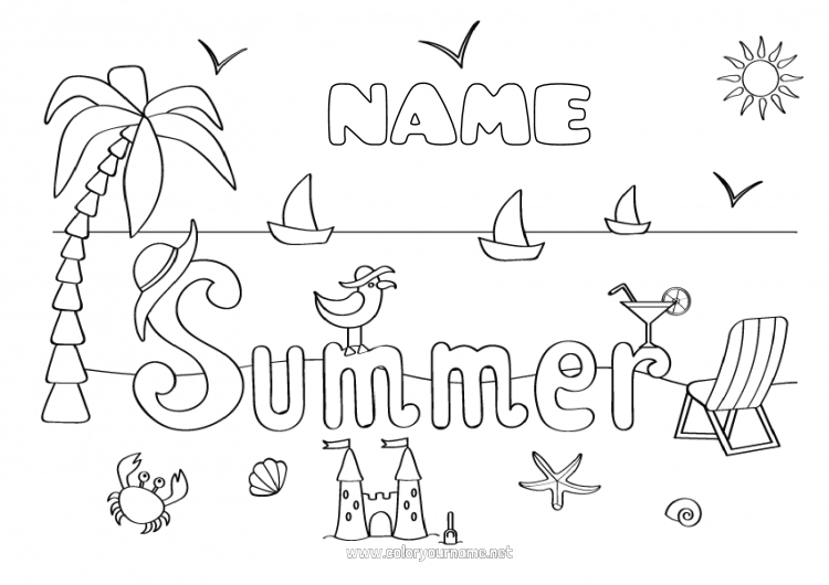 Coloring page to print Summer Beach Palm Sea Shell Marine or aquatic animals Flying birds and mammals Sandcastle Cocktail Seagull, gull